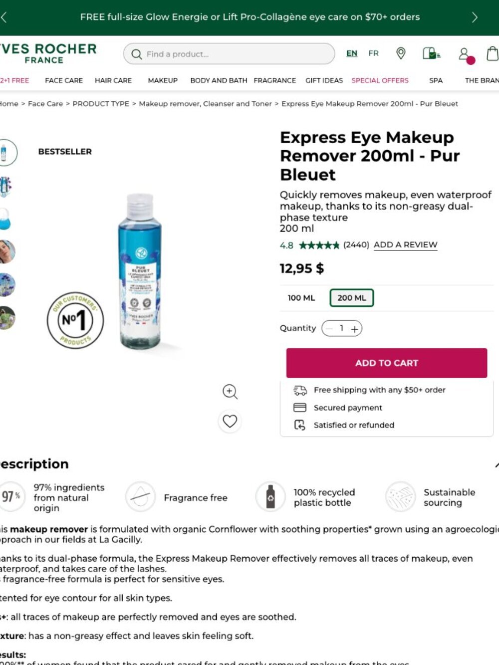 3/$25: Yves Rocher Pur Bleuet Express Eye Makeup Remover 50mL BNIB - Picture 2 of 5
